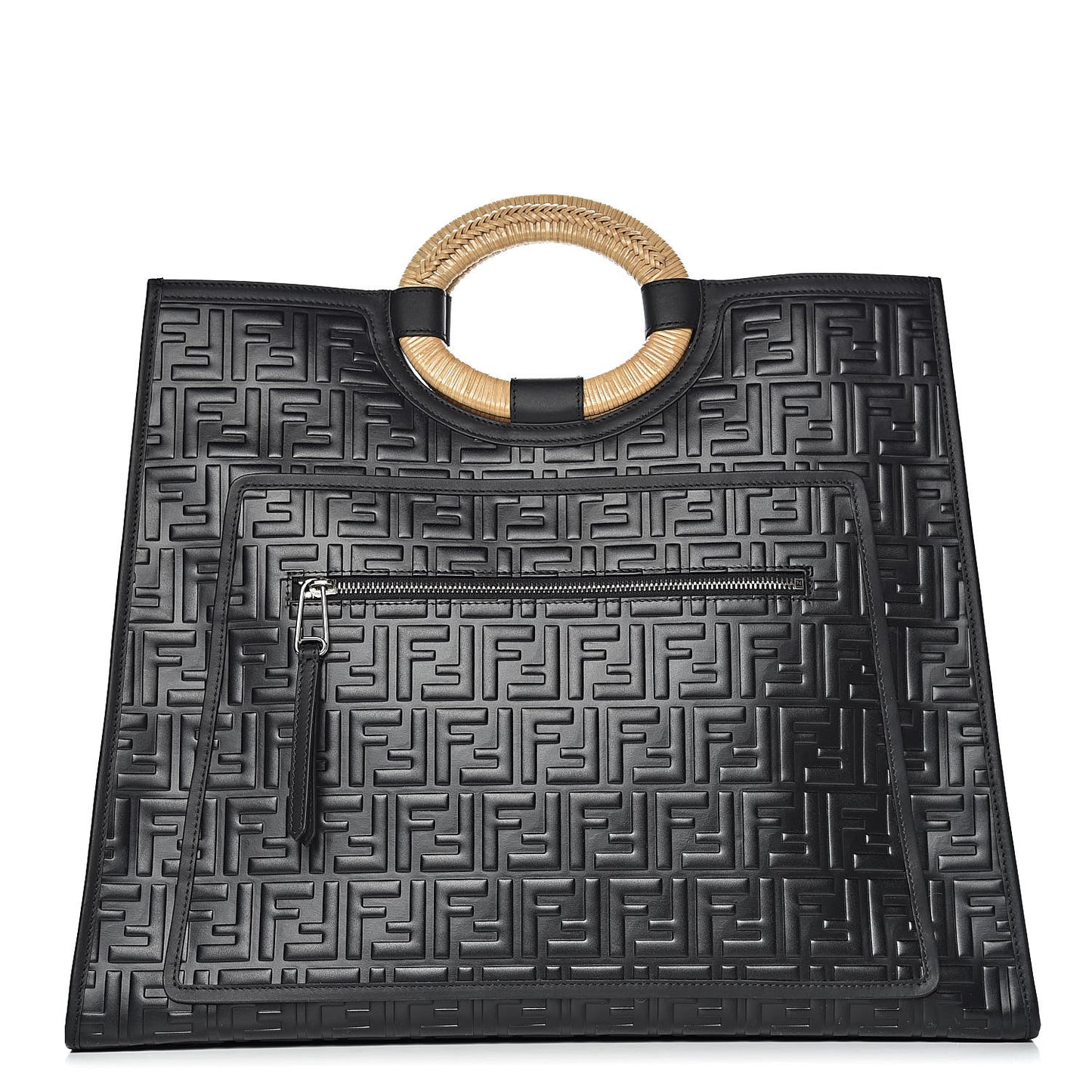 Vitello Century Wicker FF 1974 Embossed Large Runaway Shopper Tote Black