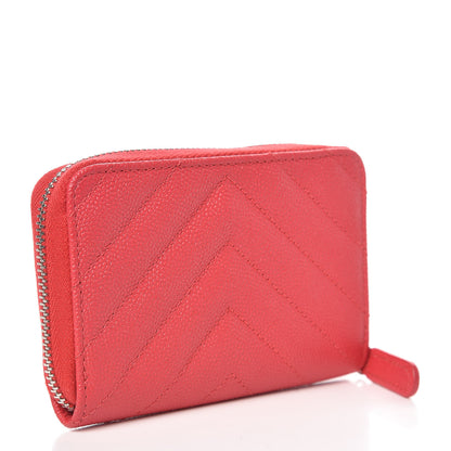 Chanel Caviar Chevron Quilted Zip Coin Purse Light Red 3 of 13