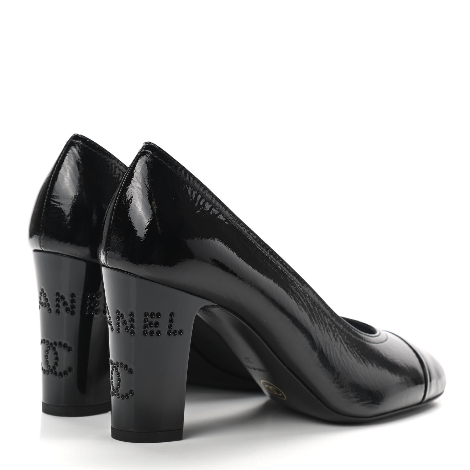 Chanel Patent Calfskin Crystal Cap Toe Logo Pumps 37 Black 7 of 14
