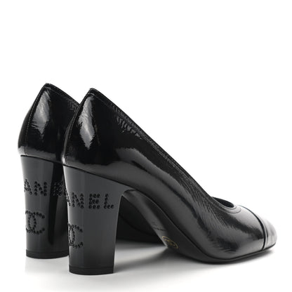 Chanel Patent Calfskin Crystal Cap Toe Logo Pumps 37 Black 7 of 14
