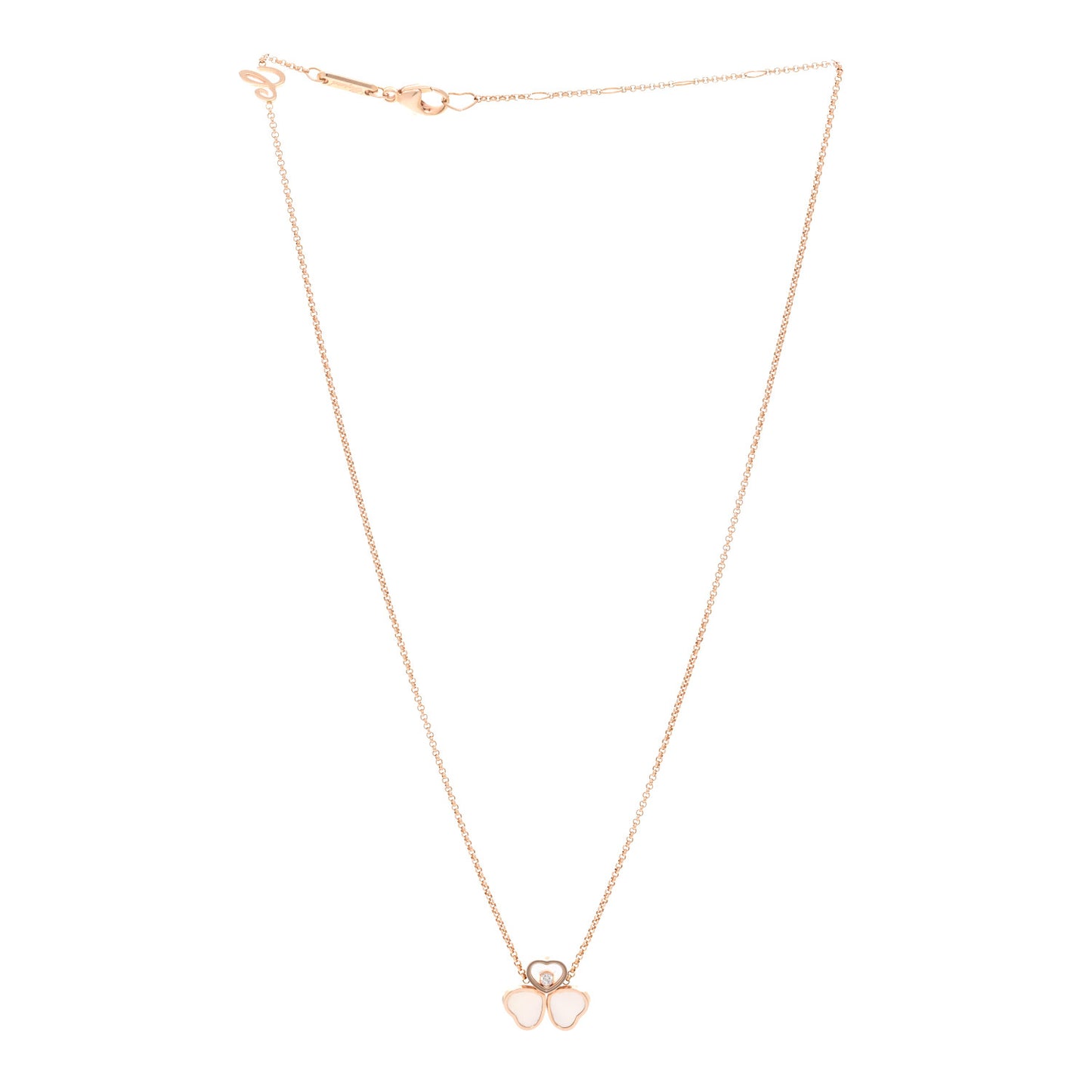 18K Rose Gold Diamond Mother of Pearl Happy Hearts Wings Pendant Necklace