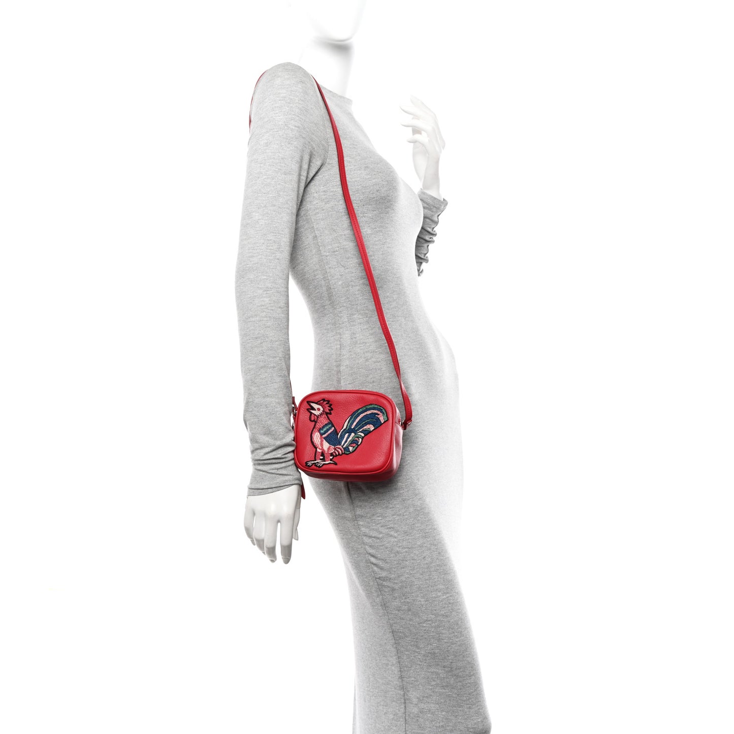 Calfskin Embroidered Rooster Mini Camera Bag Red