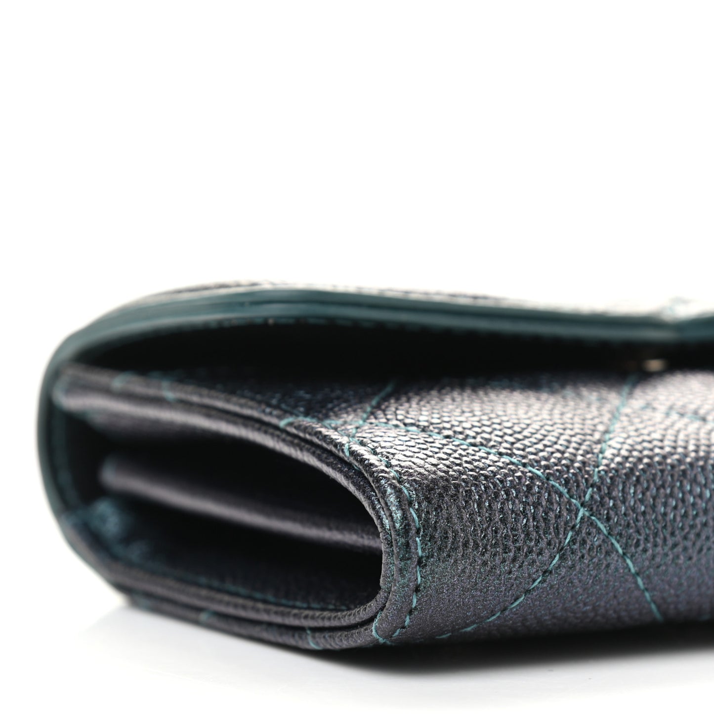 Iridescent Caviar Quilted Filigree Flap Card Holder Dark Turquoise