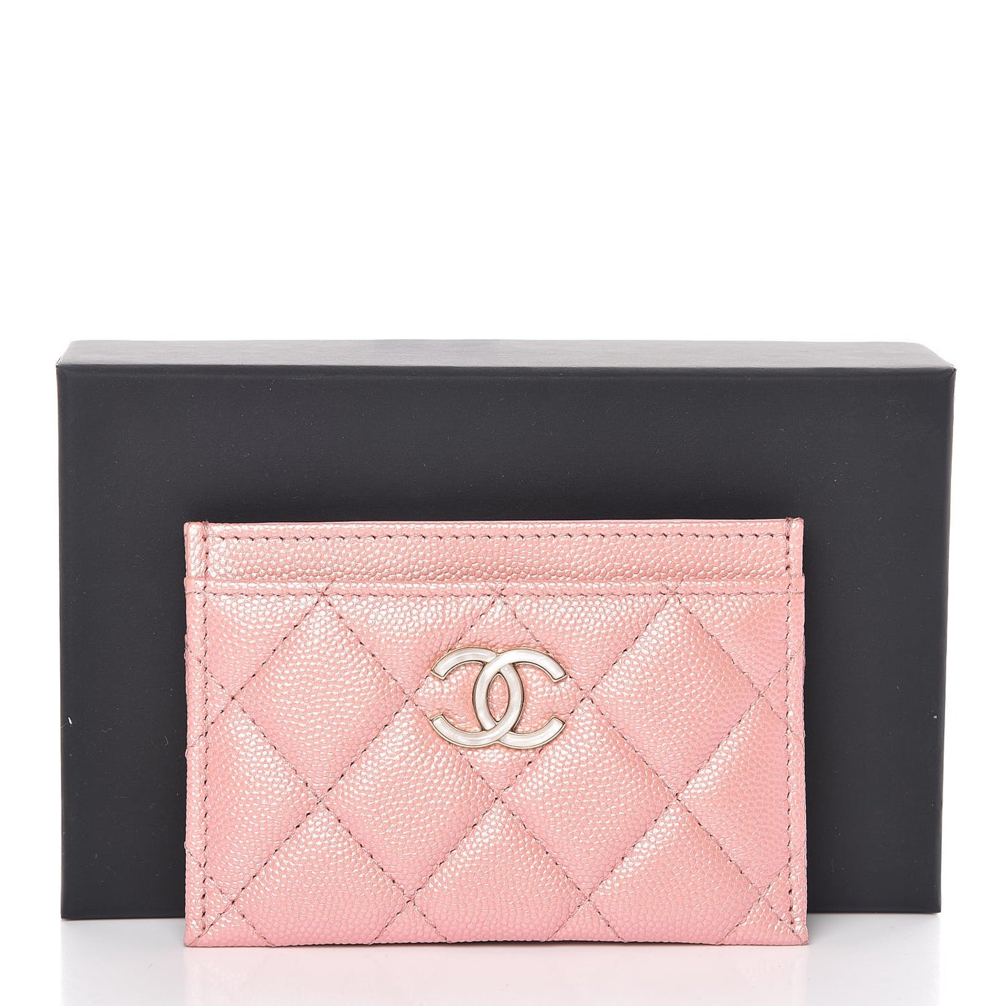 Iridescent Caviar Quilted Card Holder Rose Pink