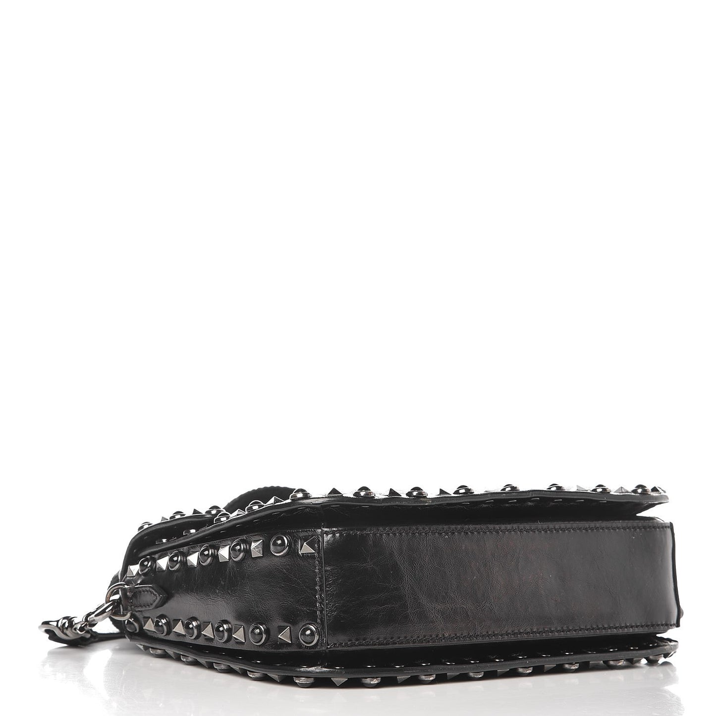 Craquele Calfskin Medium Guitar Strap Rockstud Rolling Flap Saddle Bag Black