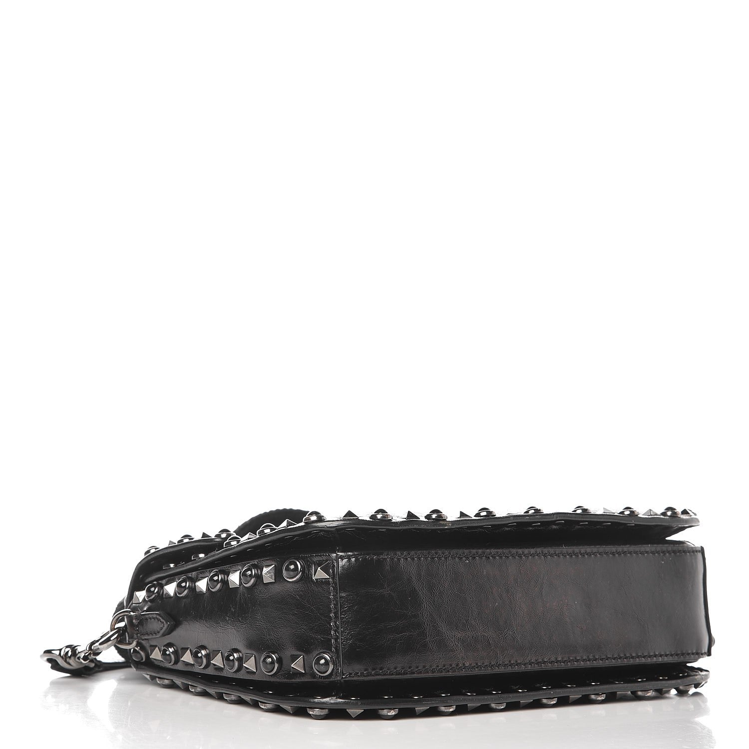 Valentino Garavani Craquele Calfskin Medium Guitar Strap Rockstud Rolling Flap Saddle Bag Black 4 of 9
