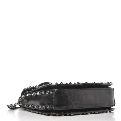Valentino Garavani Craquele Calfskin Medium Guitar Strap Rockstud Rolling Flap Saddle Bag Black 4 of 9