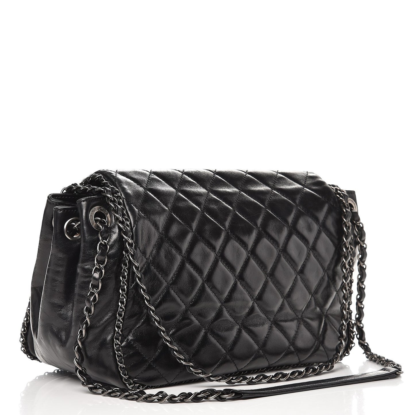 Glazed Calfskin Quilted Large CC Enchained Accordion Flap Black