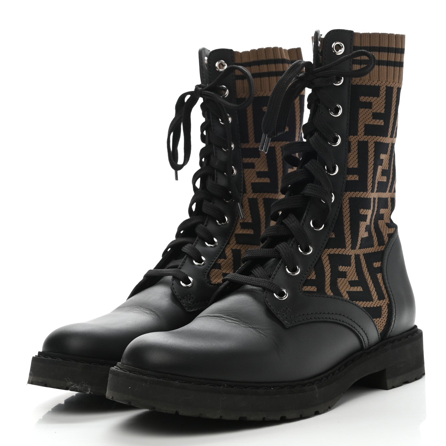 Fendi Calfskin Stretch Fabric FF Rockoko Biker Boots 36.5 Black Tobacco 3 of 7
