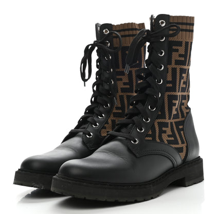 Fendi Calfskin Stretch Fabric FF Rockoko Biker Boots 36.5 Black Tobacco 3 of 7
