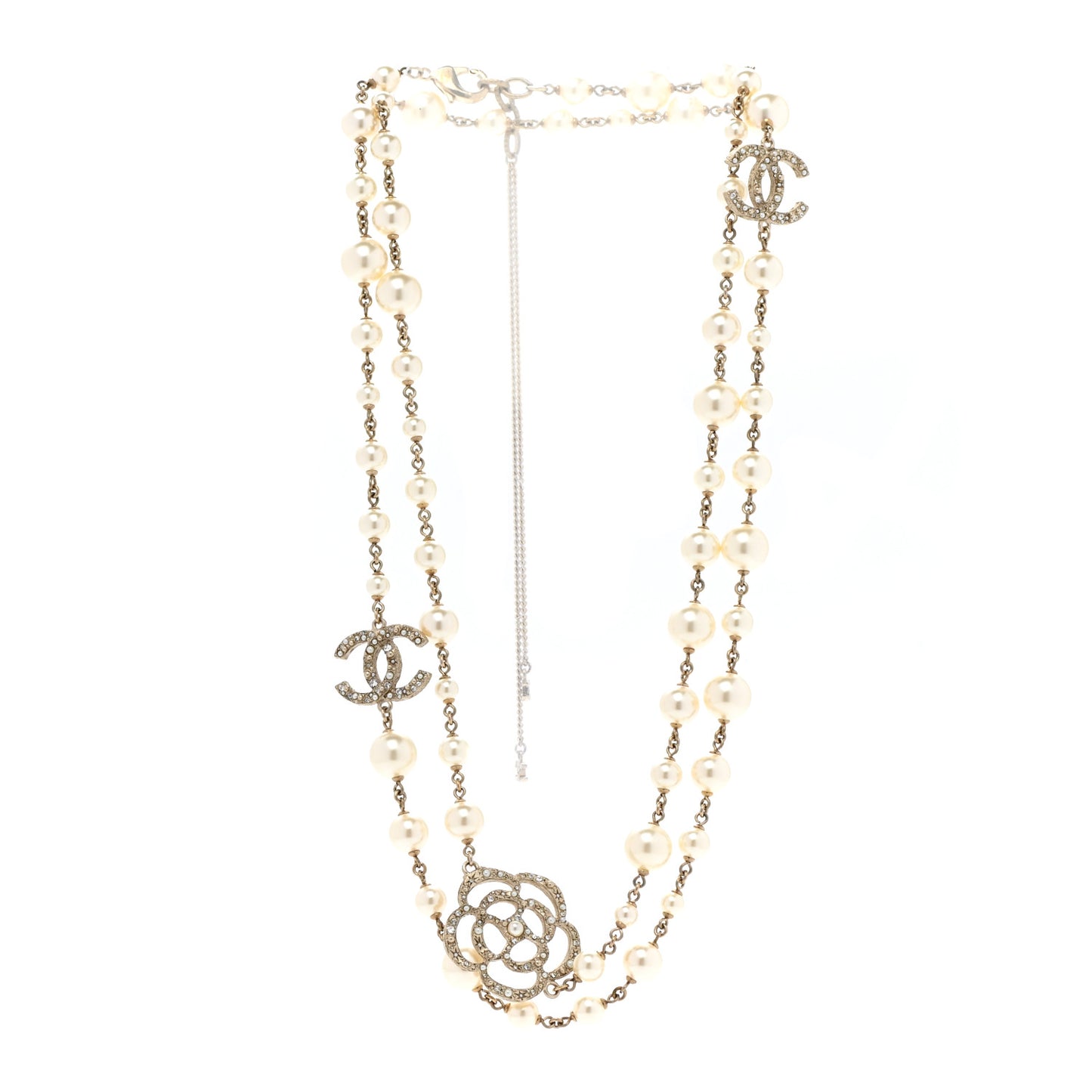 Pearl Crystal Camellia CC Necklace Gold