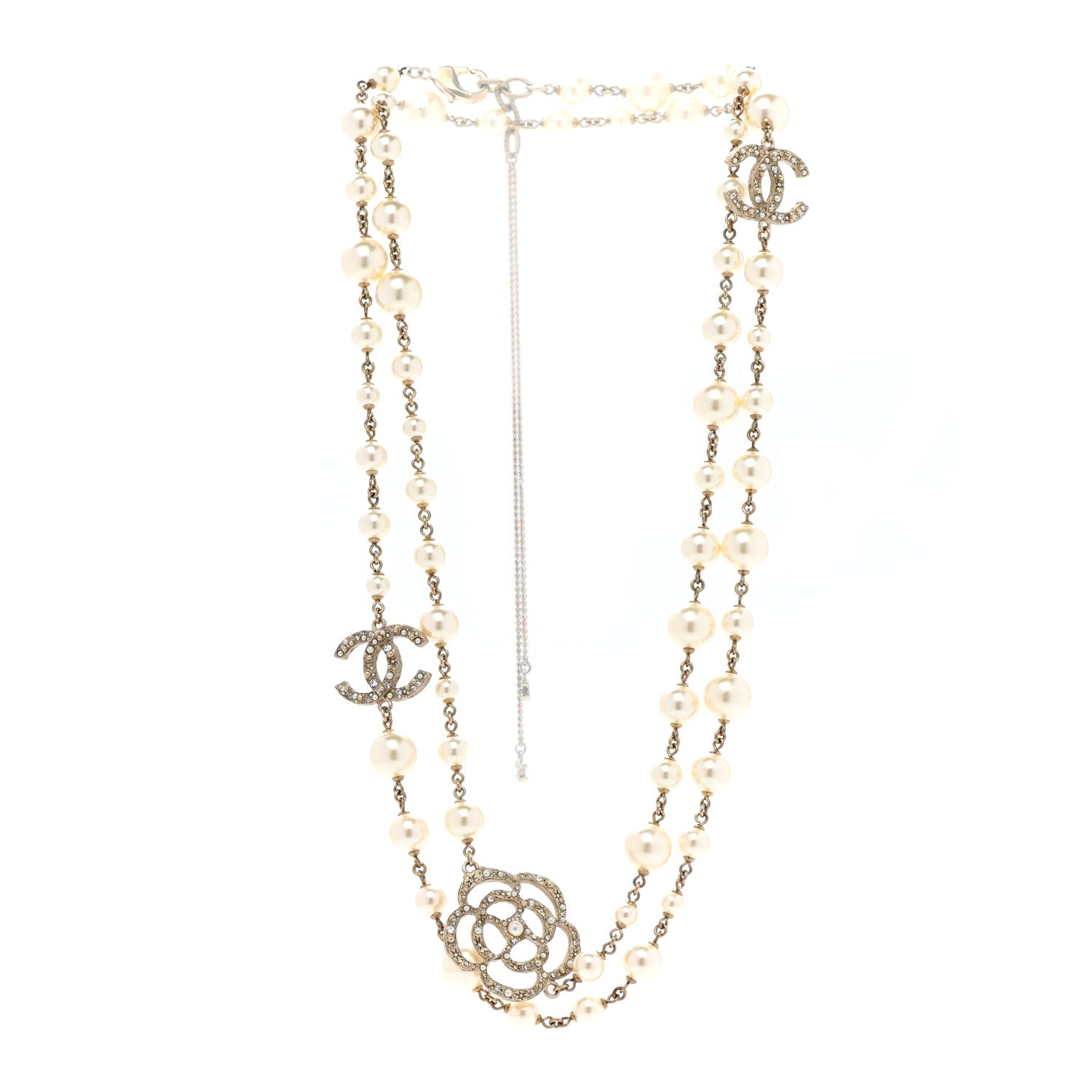 Chanel Pearl Crystal Camellia CC Necklace Gold 3 of 6