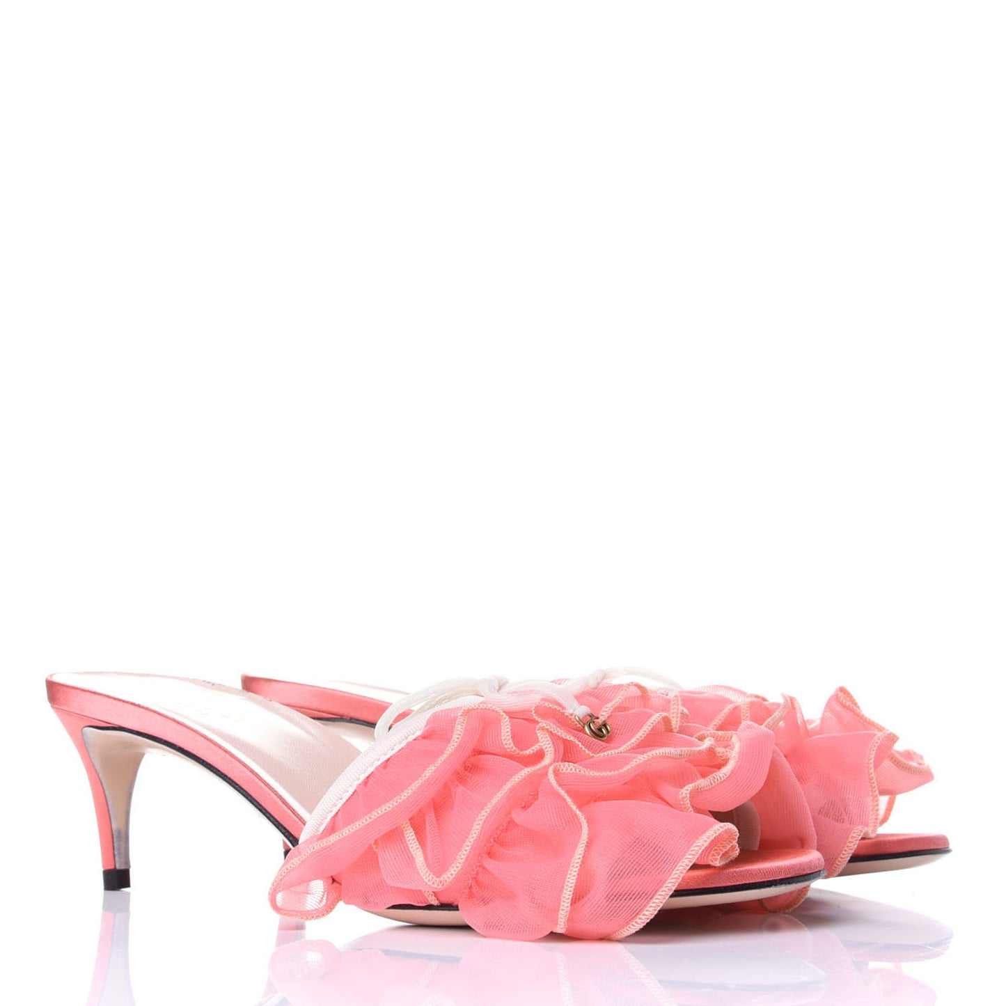 Tulle Ruffle Low Heel Slide Sandals 35.5 Peach White