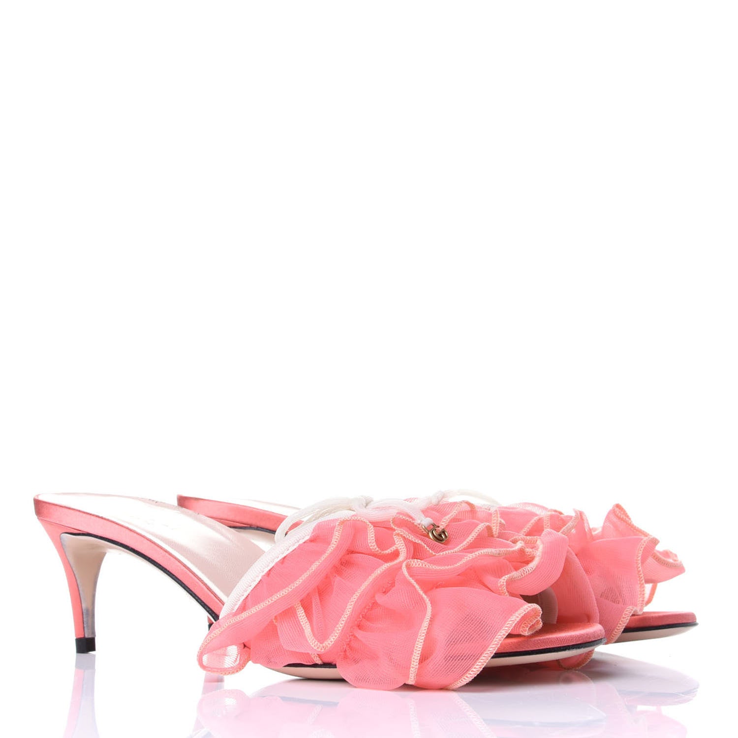 Gucci Tulle Ruffle Low Heel Slide Sandals 35.5 Peach White 4 of 13