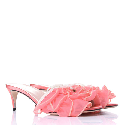 Gucci Tulle Ruffle Low Heel Slide Sandals 35.5 Peach White 4 of 13