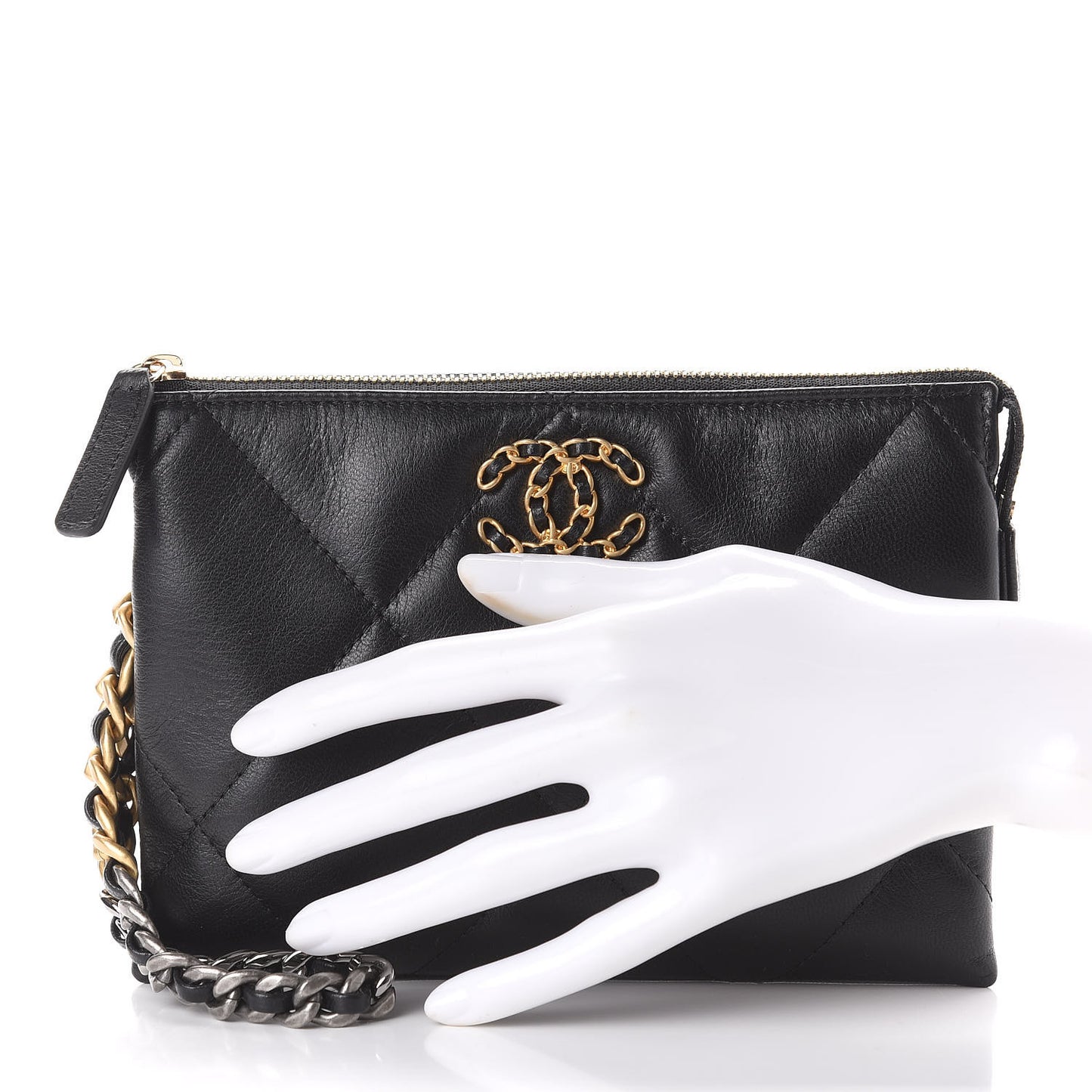 Shiny Goatskin Quilted Small Chanel 19 Pouch With Handle Black