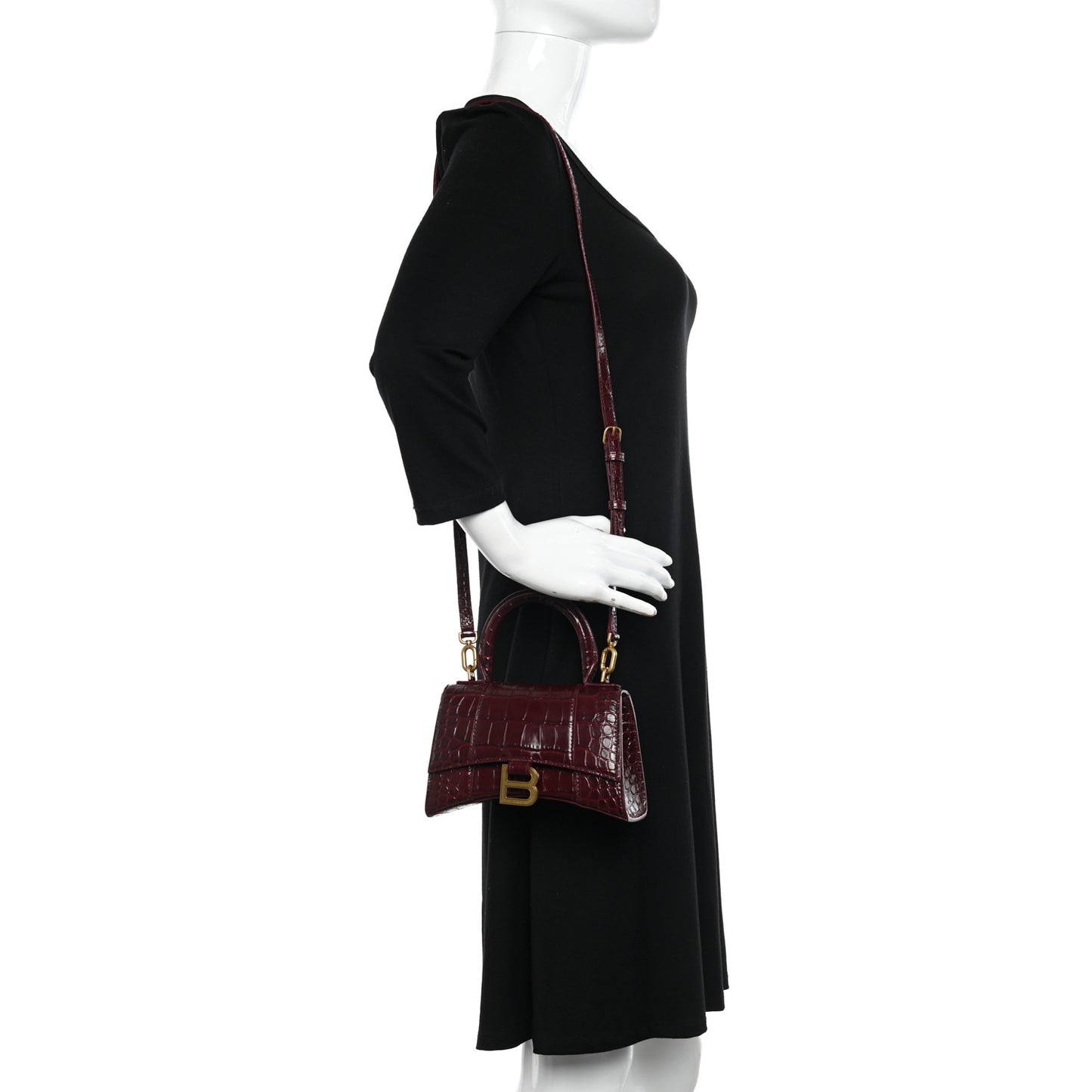 Shiny Calfskin Crocodile Embossed Hourglass Top Handle Bag XS Dark Red