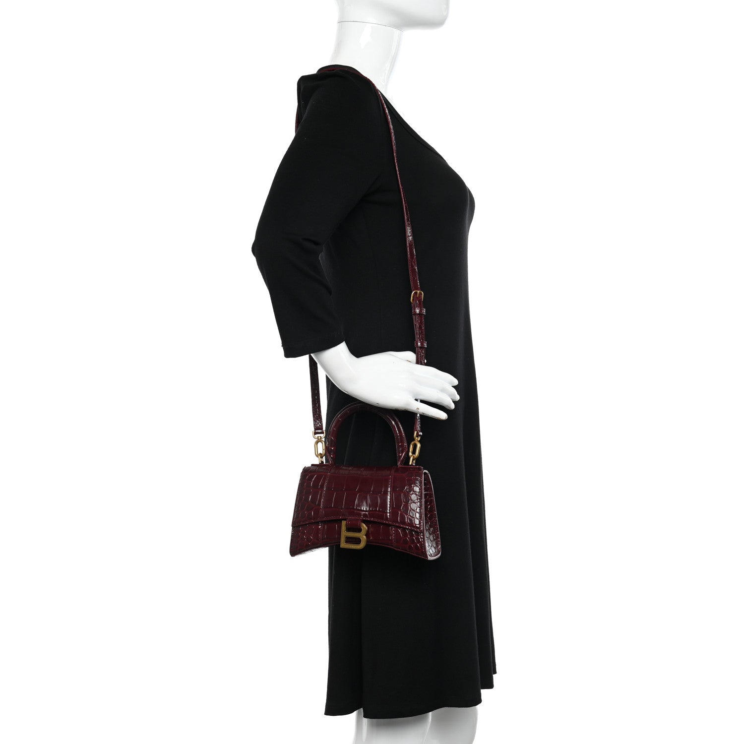 Balenciaga Shiny Calfskin Crocodile Embossed Hourglass Top Handle Bag XS Dark Red 2 of 10