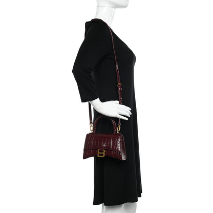 Balenciaga Shiny Calfskin Crocodile Embossed Hourglass Top Handle Bag XS Dark Red 2 of 10