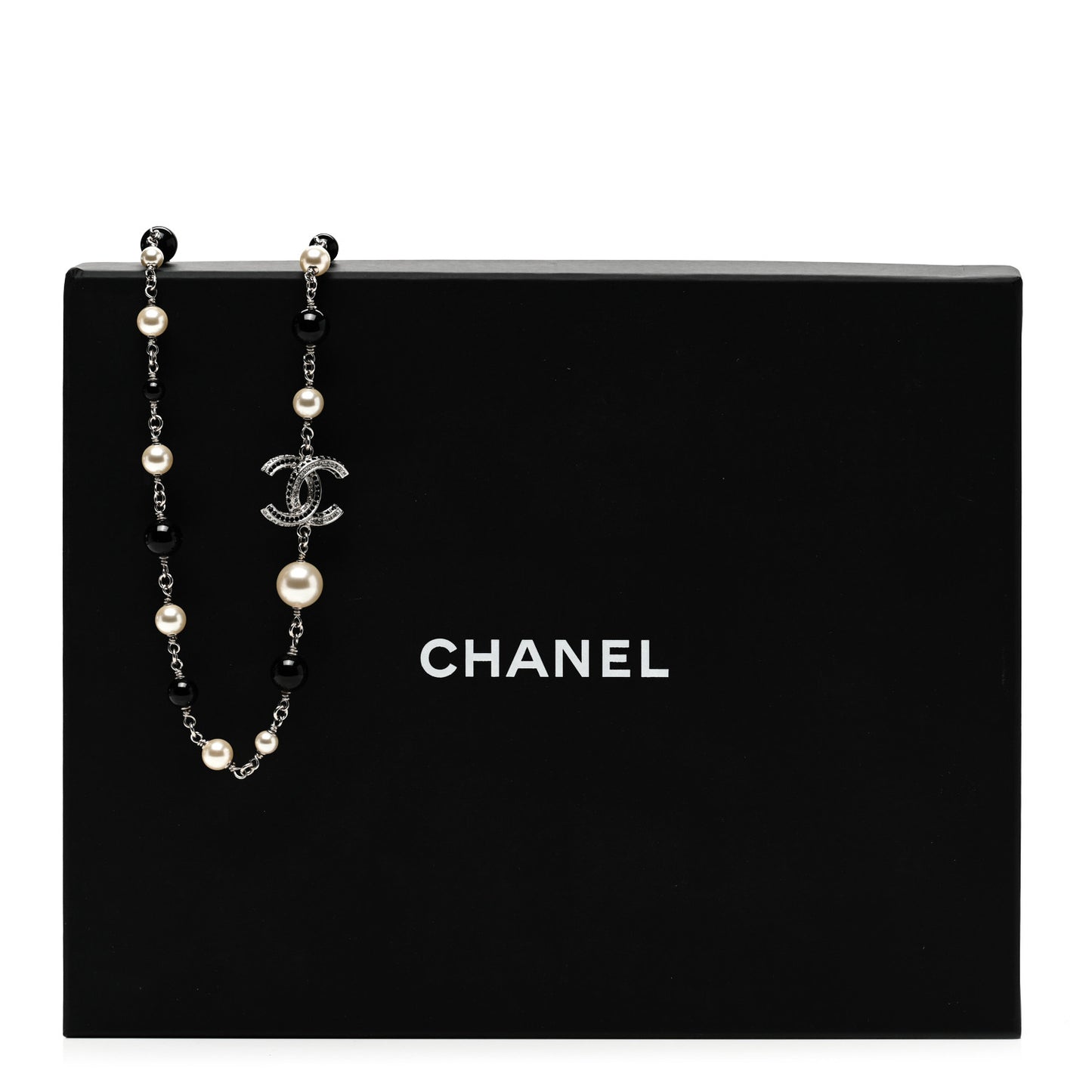 Pearl Crystal Bead CC Long Necklace Silver Black