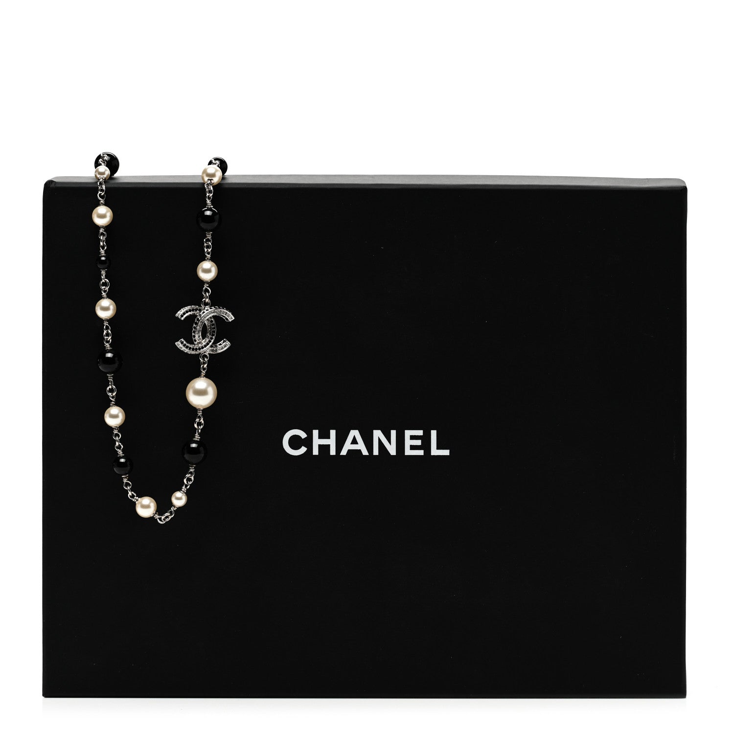 Chanel Pearl Crystal Bead CC Long Necklace Silver Black 6 of 6