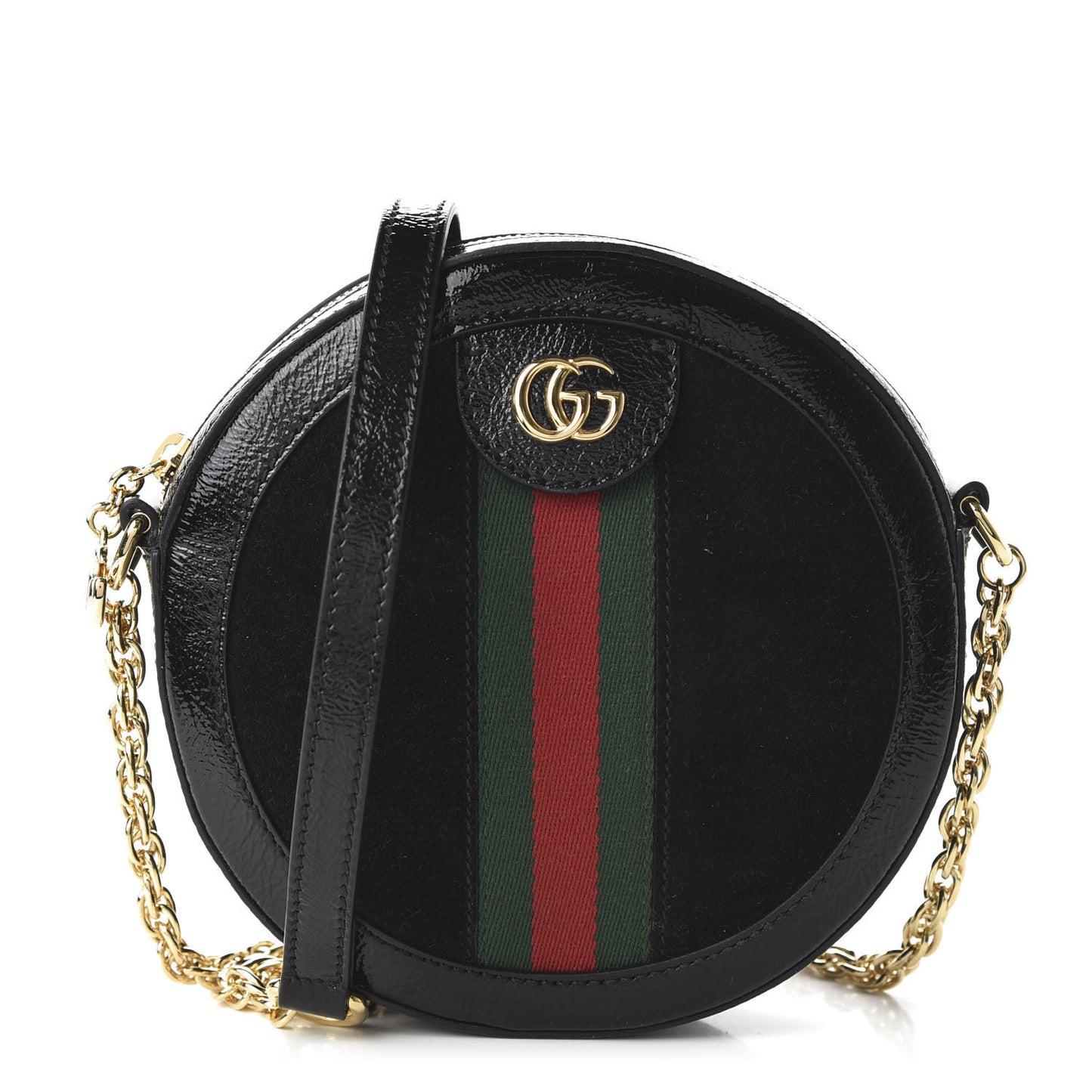Suede Patent Web Mini Ophidia Round Shoulder Bag Black