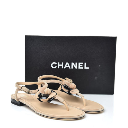 Chanel Suede Patent Calfskin Camellia Thong Sandals 37.5 Beige Black 11 of 11