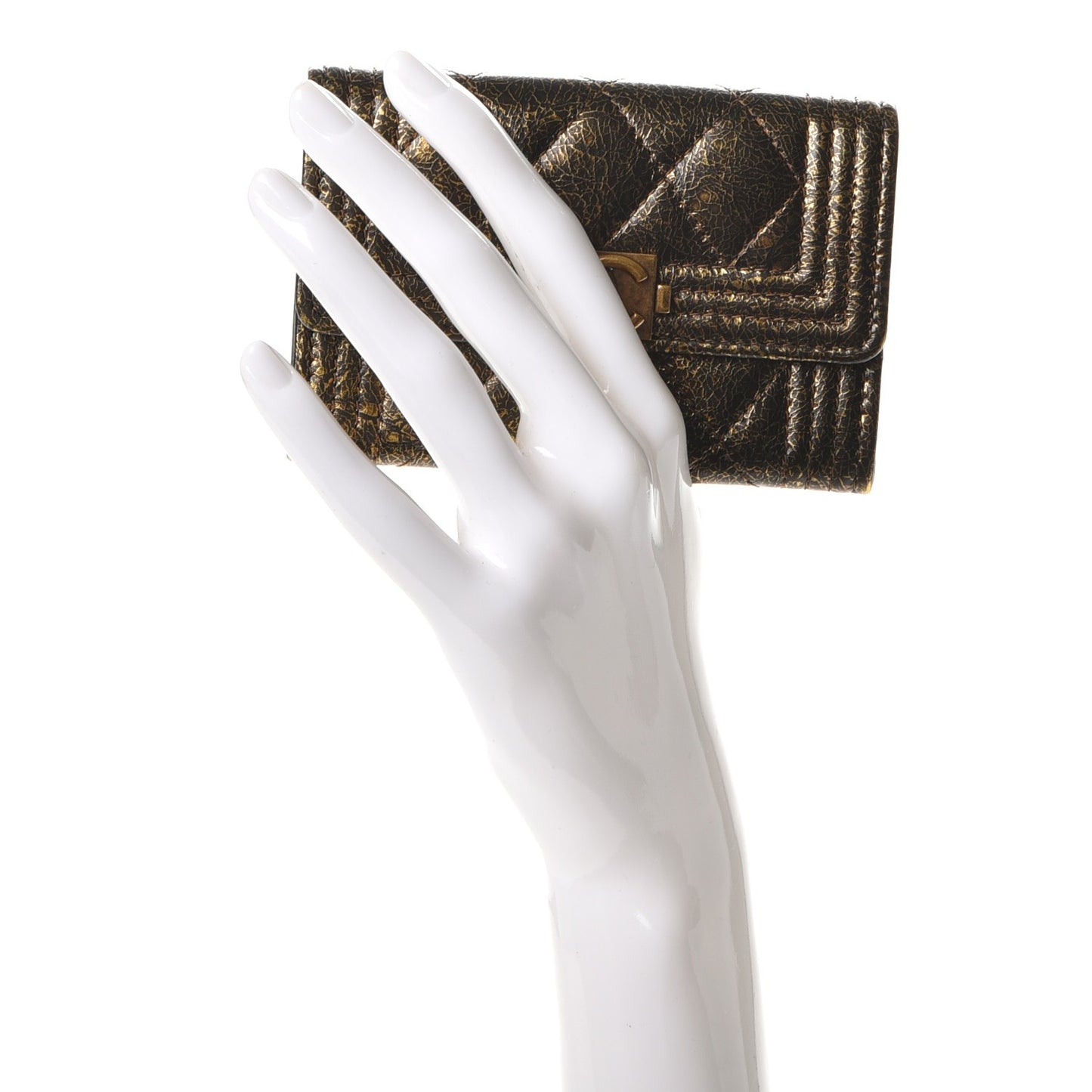 Cracked Metallic Calfskin Quilted Boy Card Holder Gold