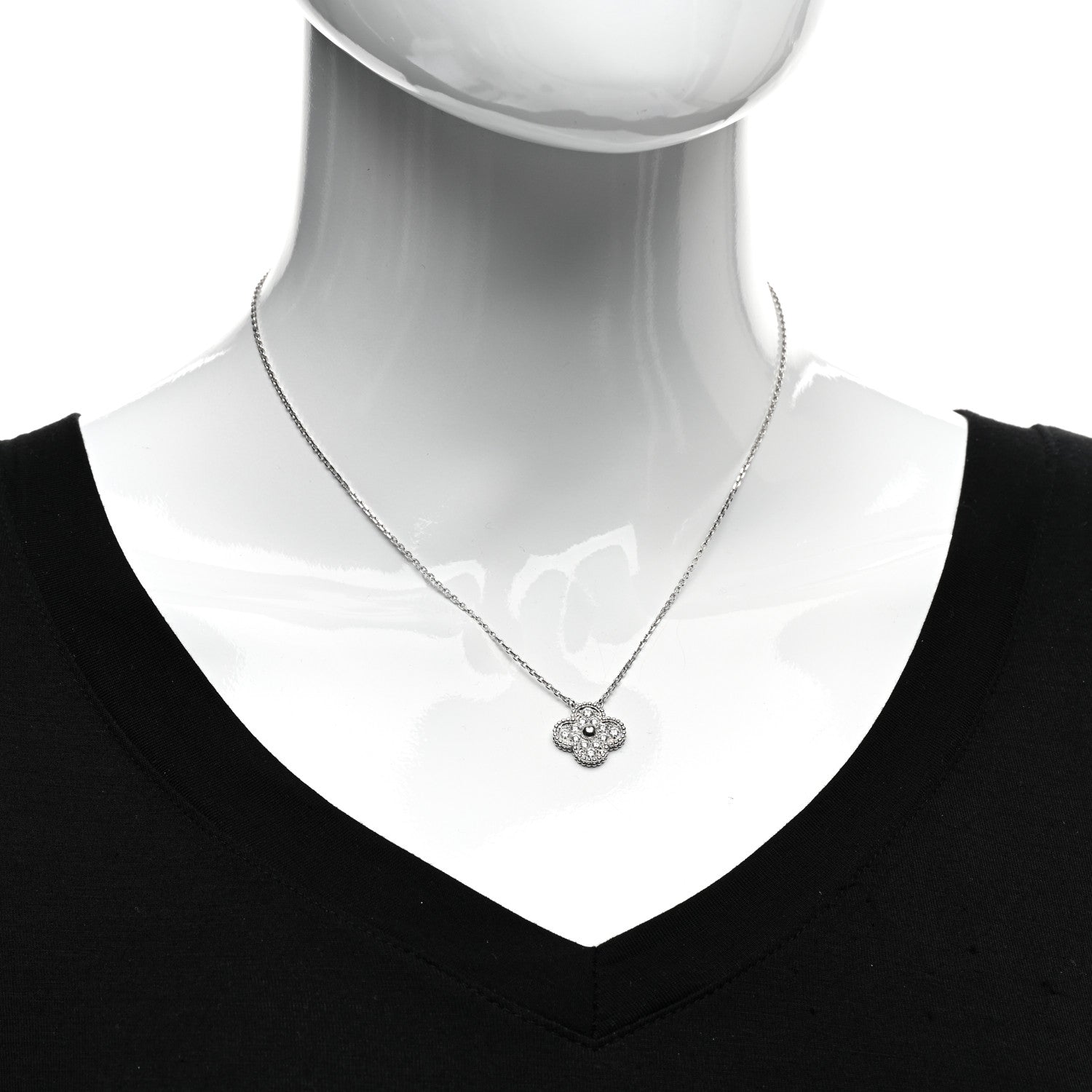 Van Cleef & Arpels 18K White Gold Diamond Vintage Alhambra Pendant Necklace 2 of 6