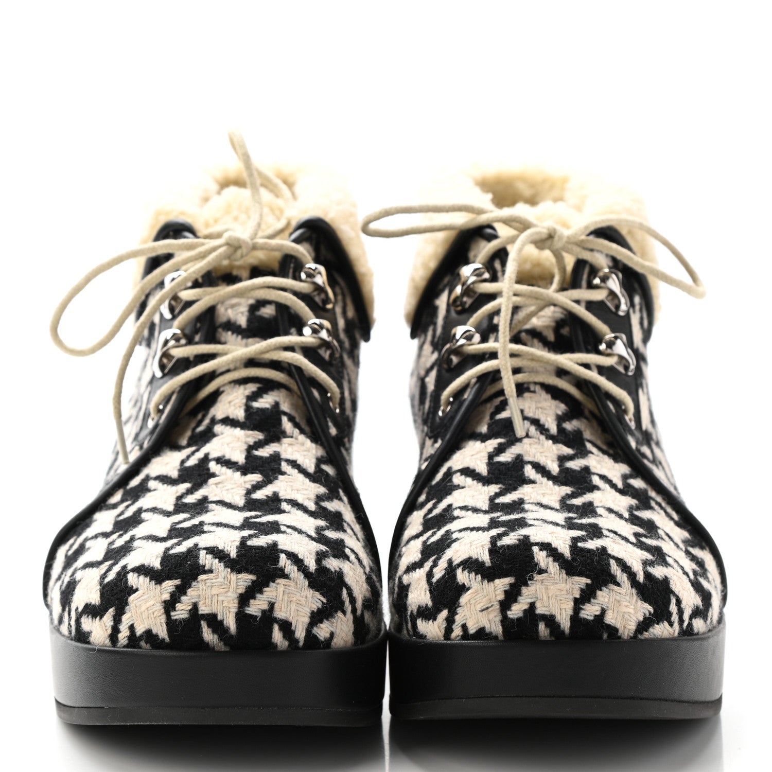 Gucci Optical Tweed Faux Shearling Houndstooth Victor Lace Up Ankle Boots 38 White Black 2 of 8