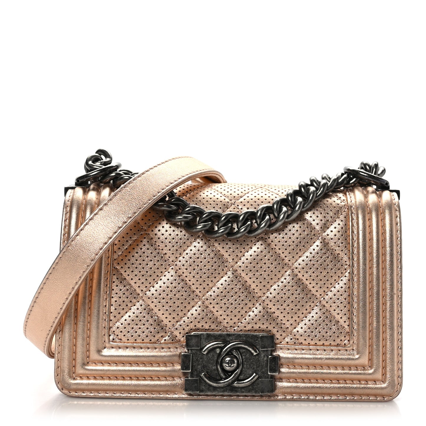Metallic Calfskin Perforated Small Boy Flap Gold