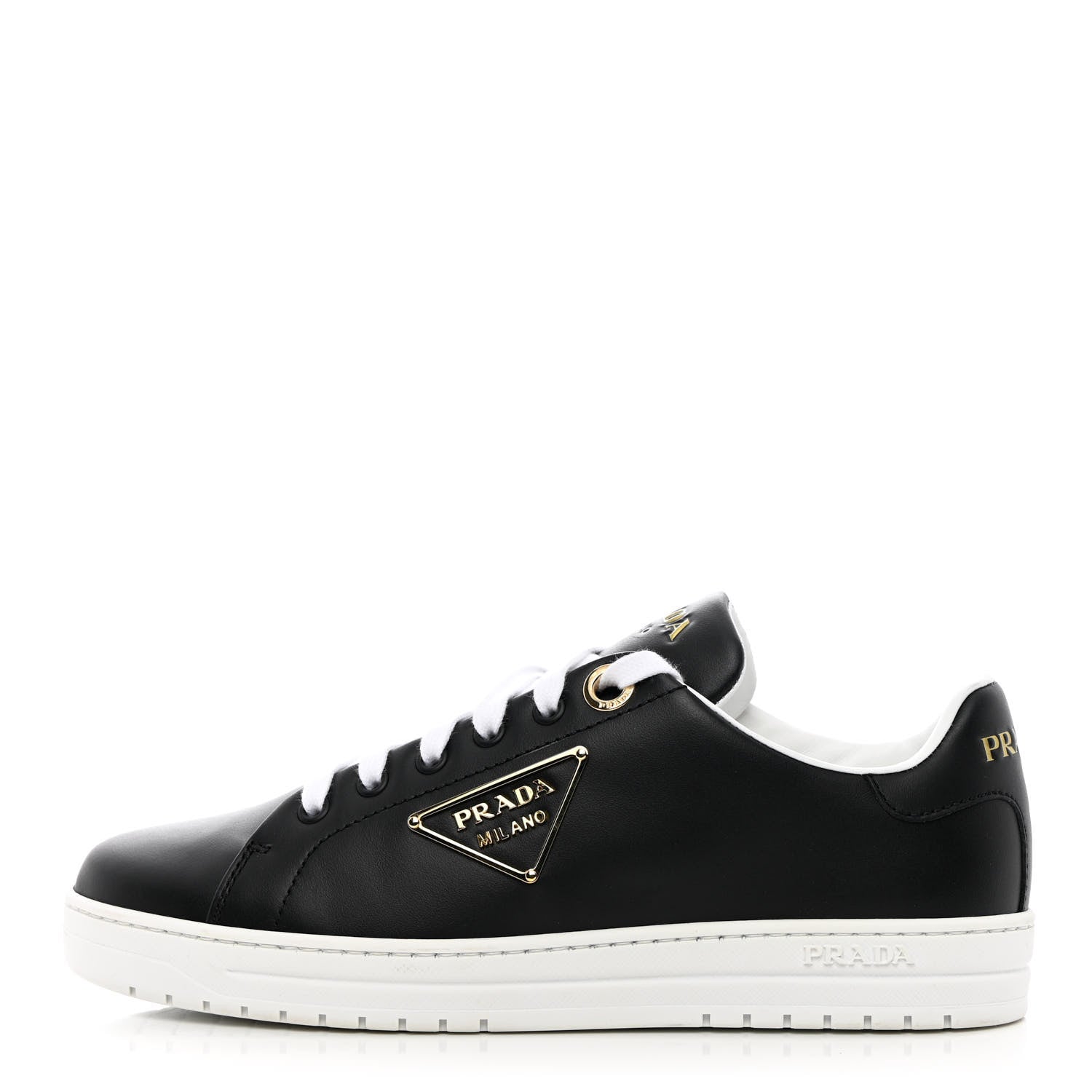 Prada Vitello Soft Metal Triangle Logo Womens Edge Low Top 30mm Sneakers 39 Black White 1 of 10