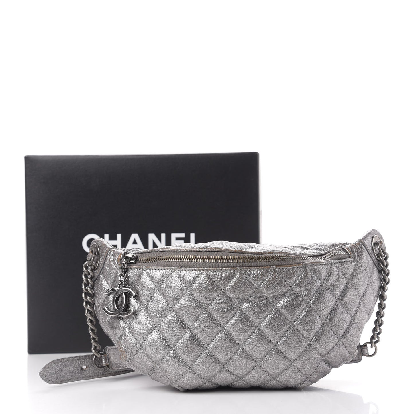 Metallic Goatskin Quilted Banane Waist Bag Fanny Pack Silver