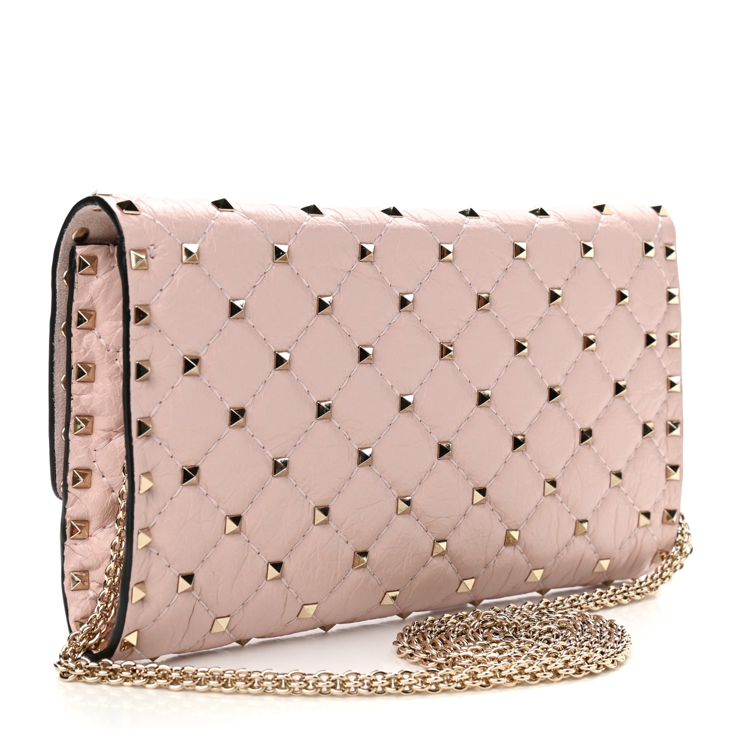 Craquele Nappa Rockstud Spike Wallet on Chain Water Rose