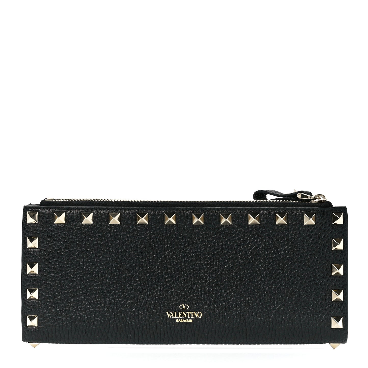 Pebbled Calfskin Rockstud Fold Zip Wallet Black