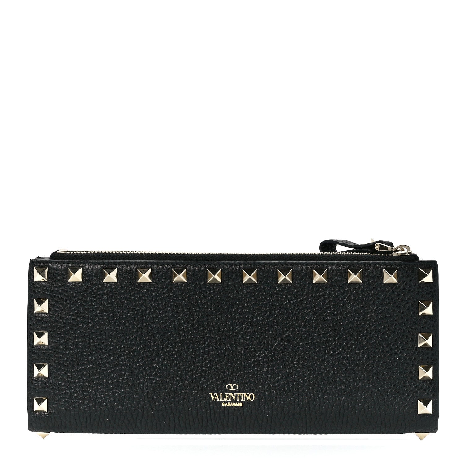 Valentino Garavani Pebbled Calfskin Rockstud Fold Zip Wallet Black 1 of 12