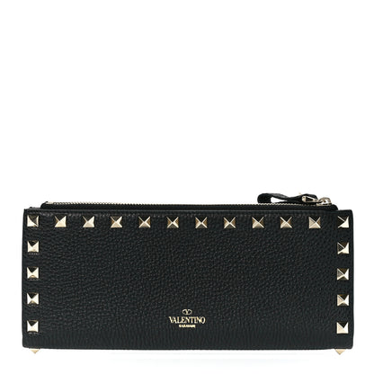 Valentino Garavani Pebbled Calfskin Rockstud Fold Zip Wallet Black 1 of 12