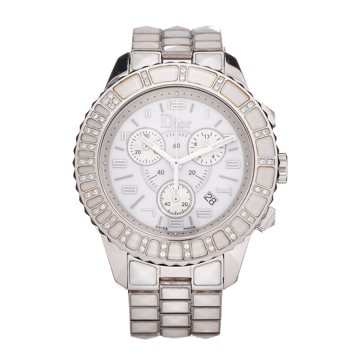 Stainless Steel Diamond Sapphire 38mm Christal Chronograph Quartz Watch White