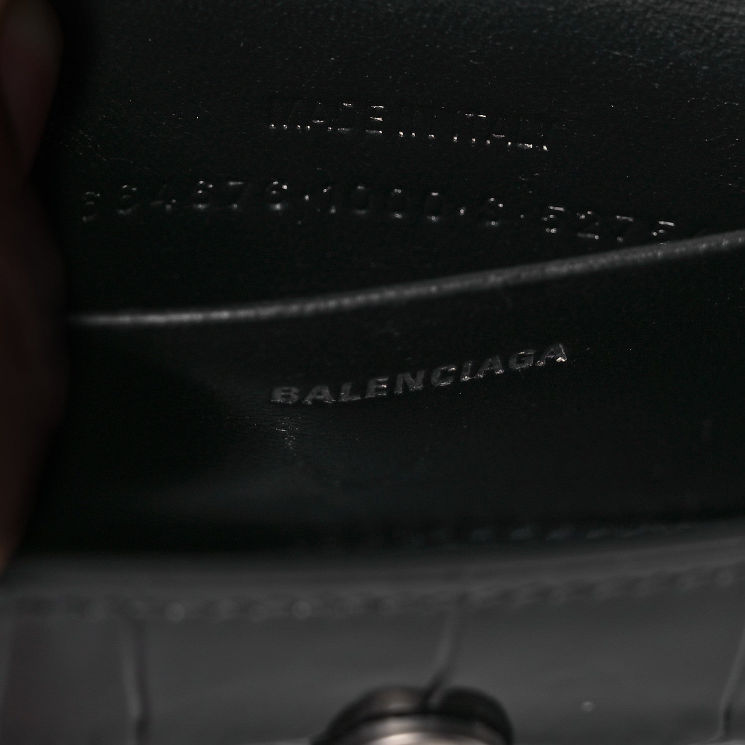 Balenciaga Shiny Calfskin Monochrome Crocodile Embossed Hourglass Top Handle Bag Mini with Chain Black 7 of 12