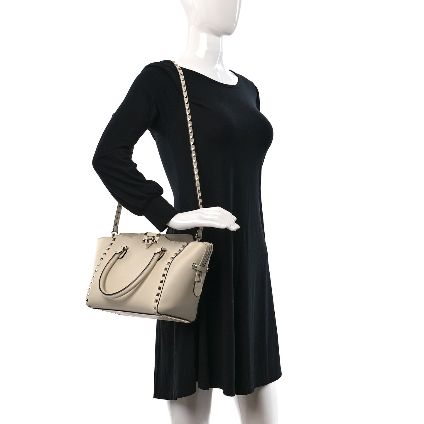 Vitello Small Rockstud Double Handle Tote Ivory