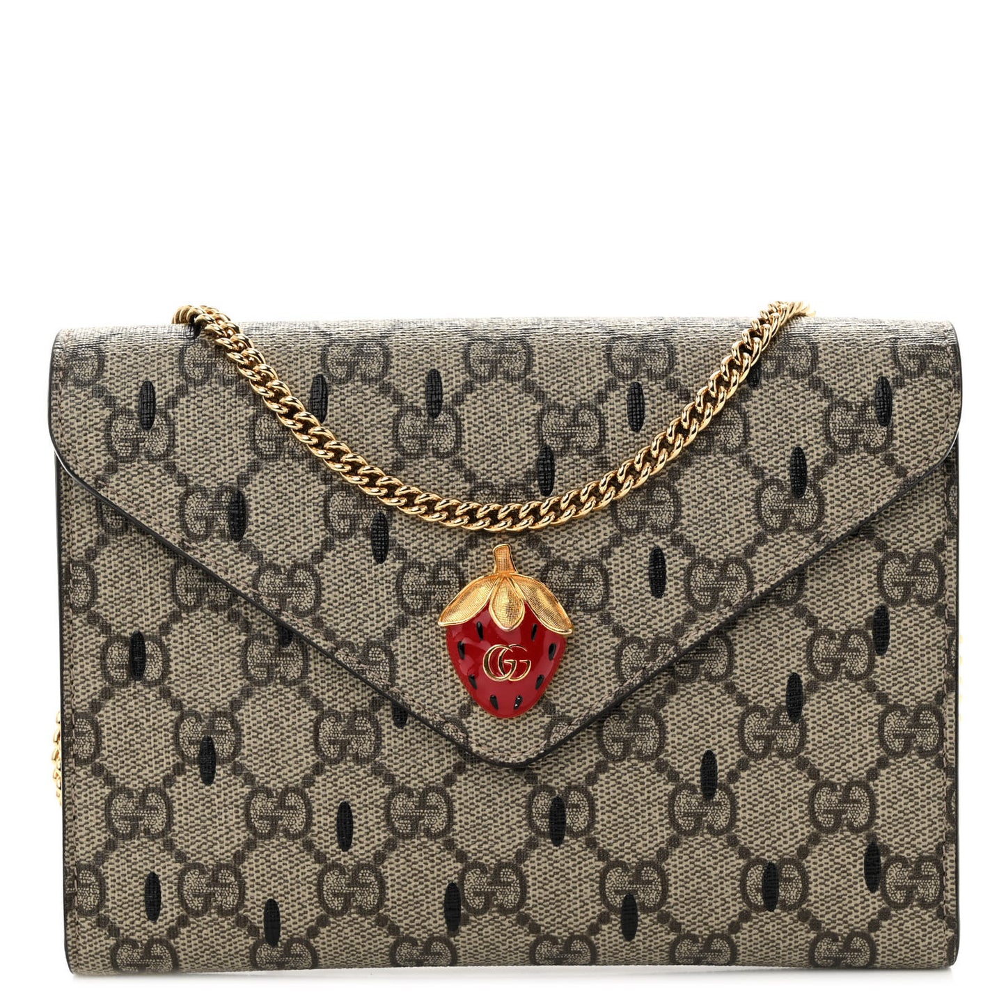 GG Supreme Monogram Strawberry Seed Textured Dollar Calfskin Enamel Double G Strawberry Wallet On Chain Beige Ebony Black New Acero Hibiscus Red