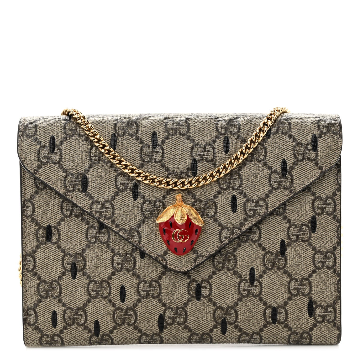 Gucci GG Supreme Monogram Strawberry Seed Textured Dollar Calfskin Enamel Double G Strawberry Wallet On Chain Beige Ebony Black New Acero Hibiscus Red 1 of 10