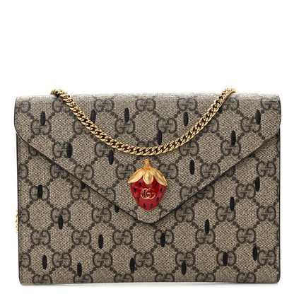 Gucci GG Supreme Monogram Strawberry Seed Textured Dollar Calfskin Enamel Double G Strawberry Wallet On Chain Beige Ebony Black New Acero Hibiscus Red 1 of 10