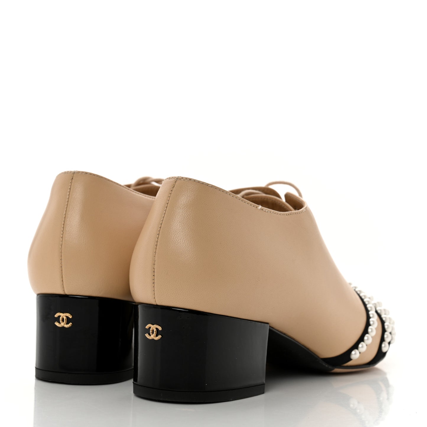 Goatskin Grosgrain Pearl Cap Toe Lace Up Oxfords 39 Beige Black