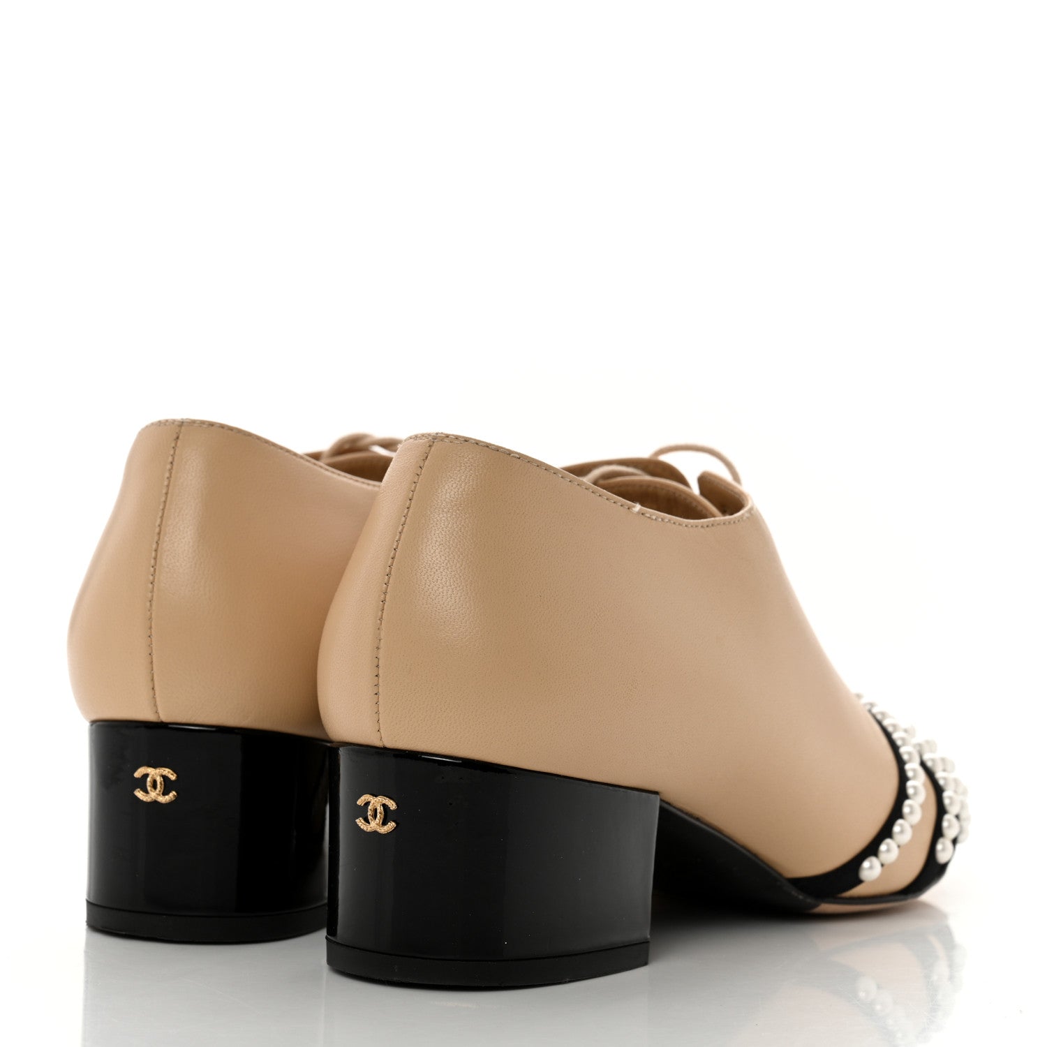 Chanel Goatskin Grosgrain Pearl Cap Toe Lace Up Oxfords 39 Beige Black 4 of 8