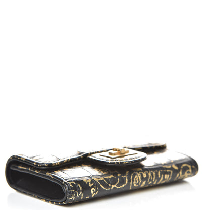 Chanel Calfskin Crocodile Embossed Graffiti Reissue Card Holder Wallet Black Gold 4 of 11