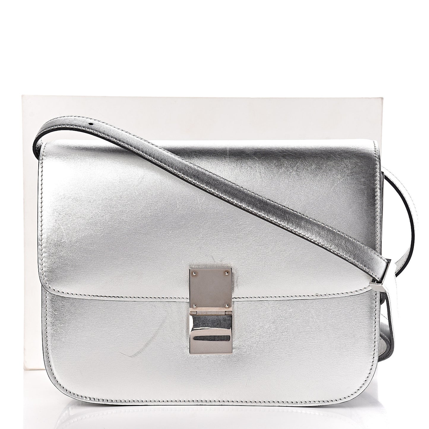 Laminated Lambskin Medium Classic Box Flap Bag Silver