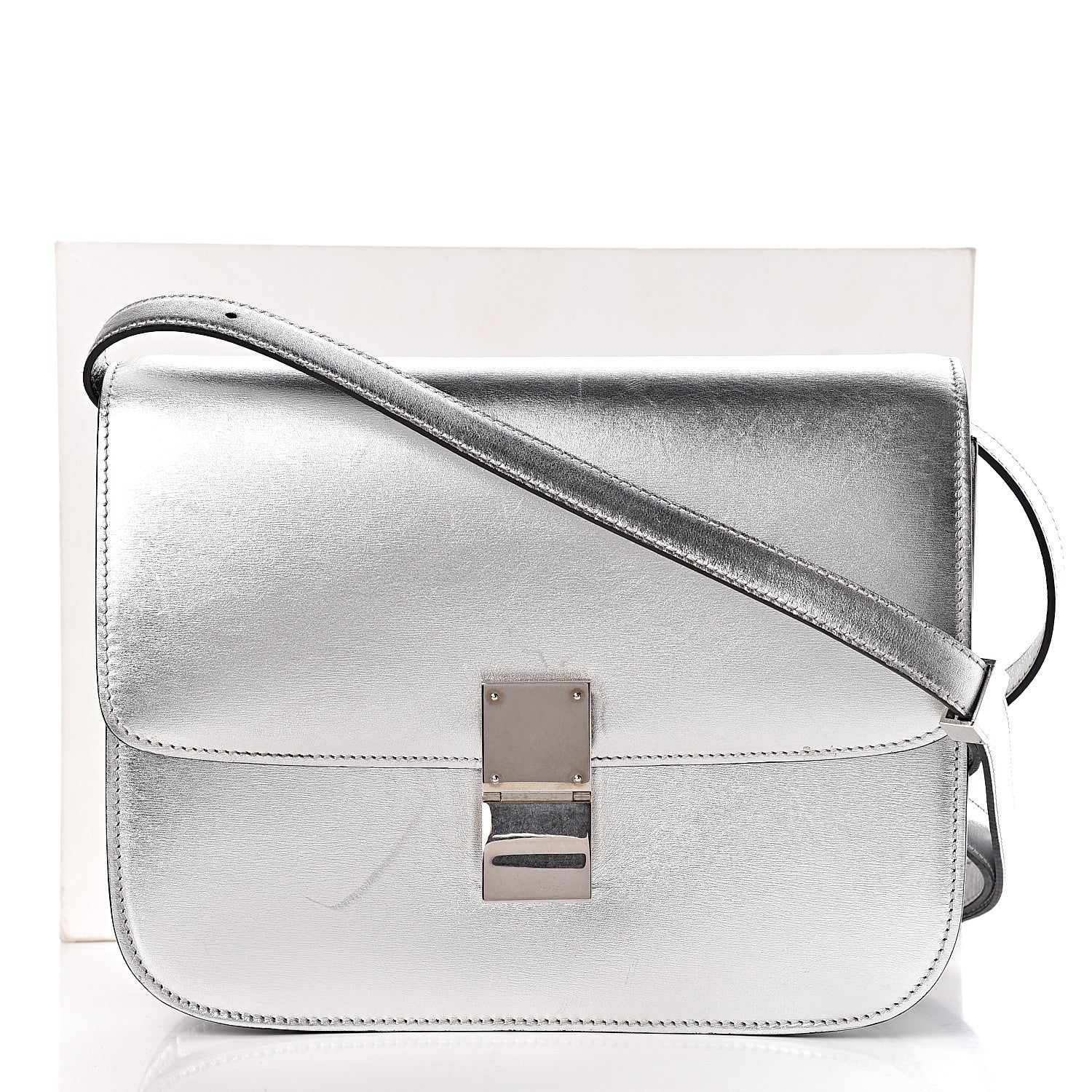 Celine Laminated Lambskin Medium Classic Box Flap Bag Silver 19 of 19