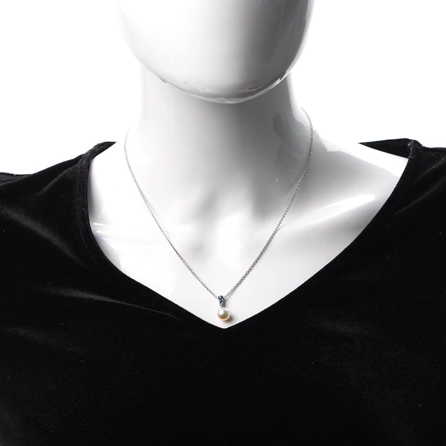 Mikimoto 18K White Gold Blue Sapphire Akoya Pearl 8mm Morning Dew Pendant Necklace 2 of 7