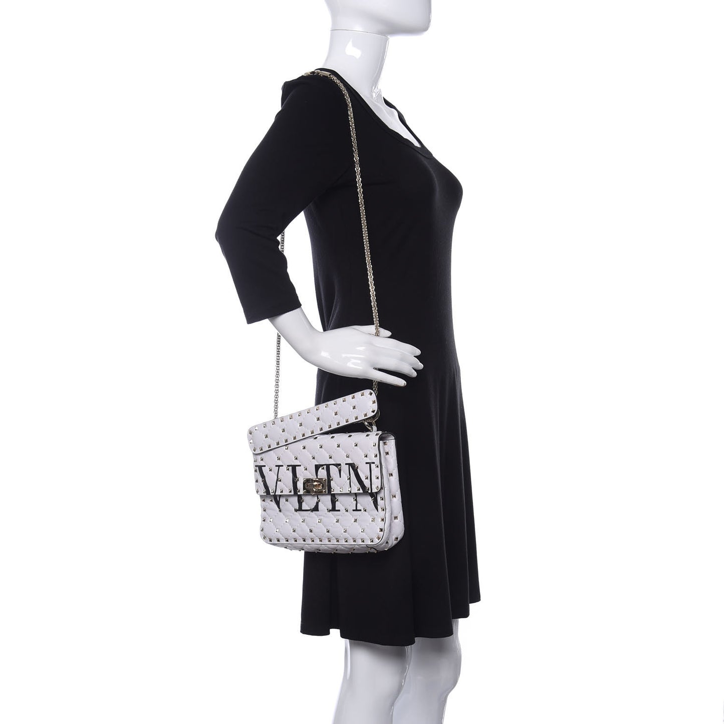Lambskin VLTN Print Medium Rockstud Spike Shoulder Bag Optic White Black